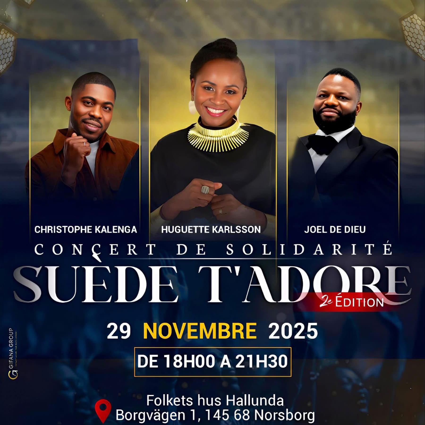 Affiche du concert de solidarité Suède t'adore 2e édition à Norsborg avec Christophe Kalenga